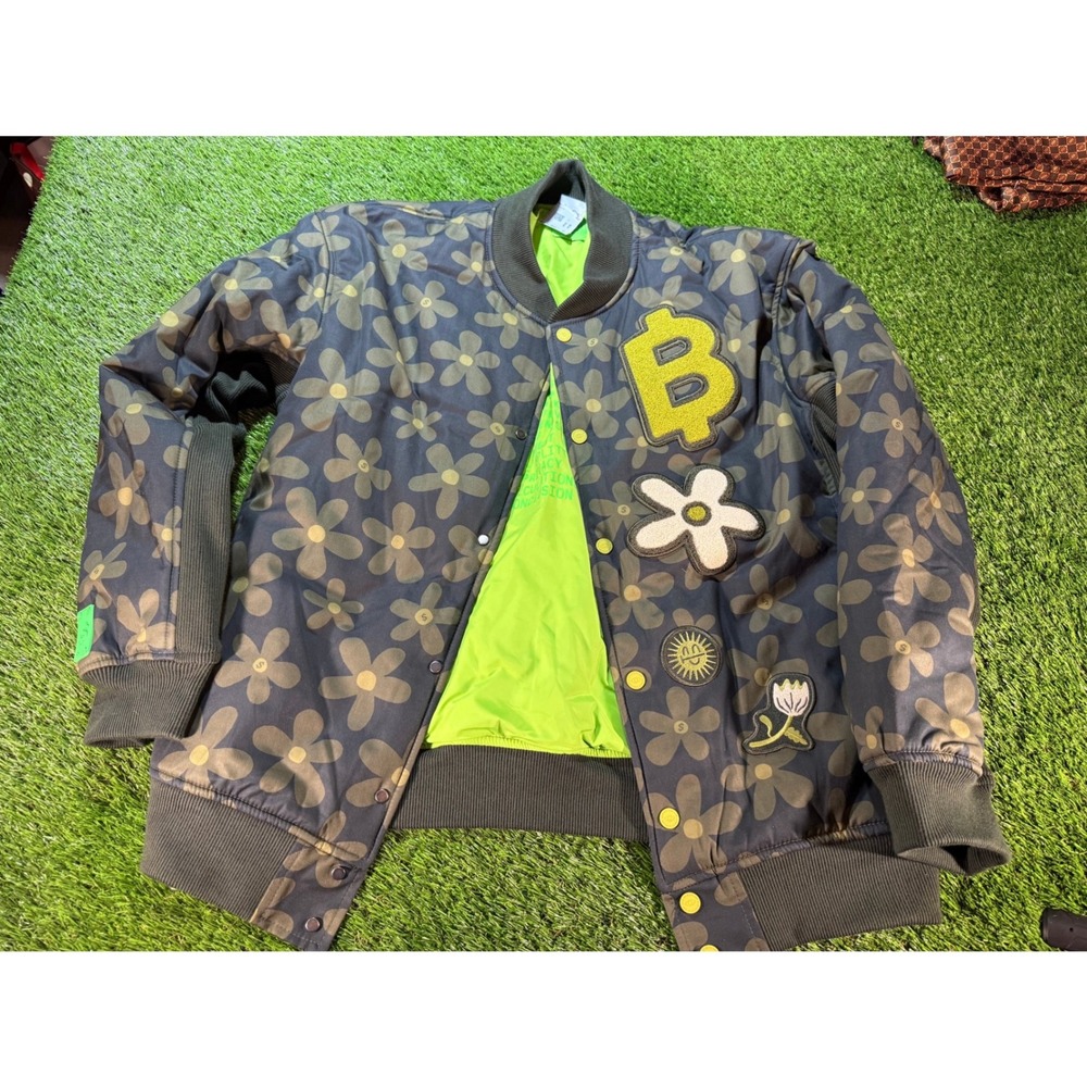 CashApp Bomber Jacket Floral‎ Print Neon Green Lining Patches Graphic xxl